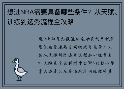 想进NBA需要具备哪些条件？从天赋、训练到选秀流程全攻略